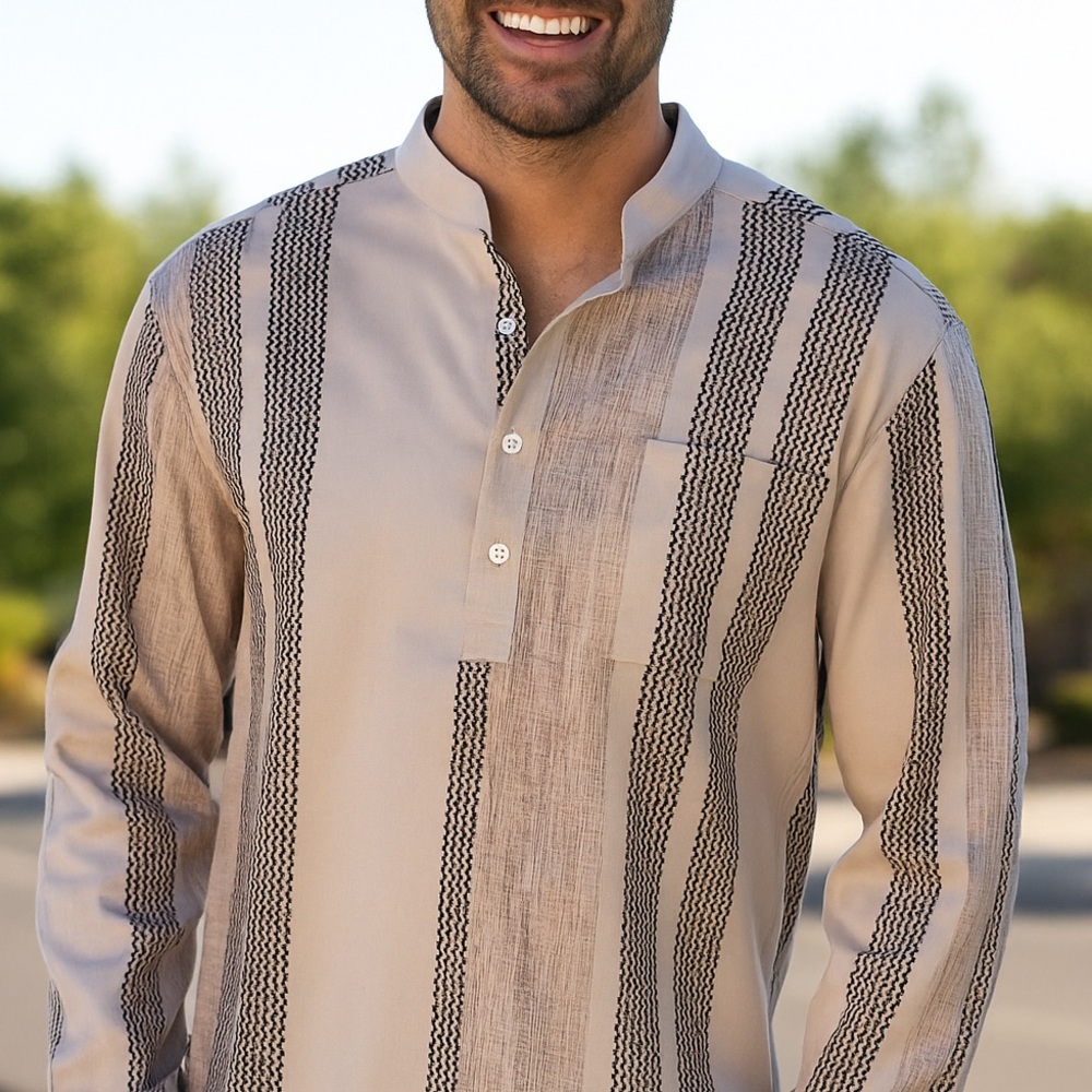 Hardaddy Henley Collar 1/4 Button Down Long Sleeve Vertical Striped Shirt